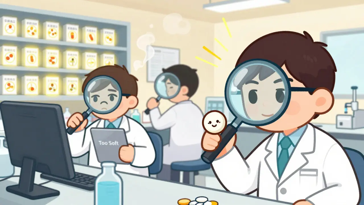 FDA scientists inspecting pill batches in a lab, one pill frowning, another smiling, with glowing consistency icons.