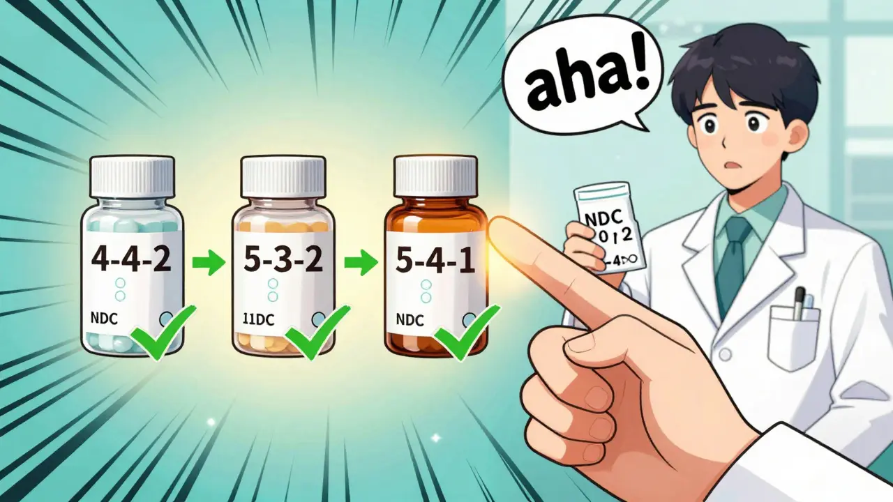Hand pointing at three NDC formats with floating zeros converting them to 11-digit format for insurance billing.