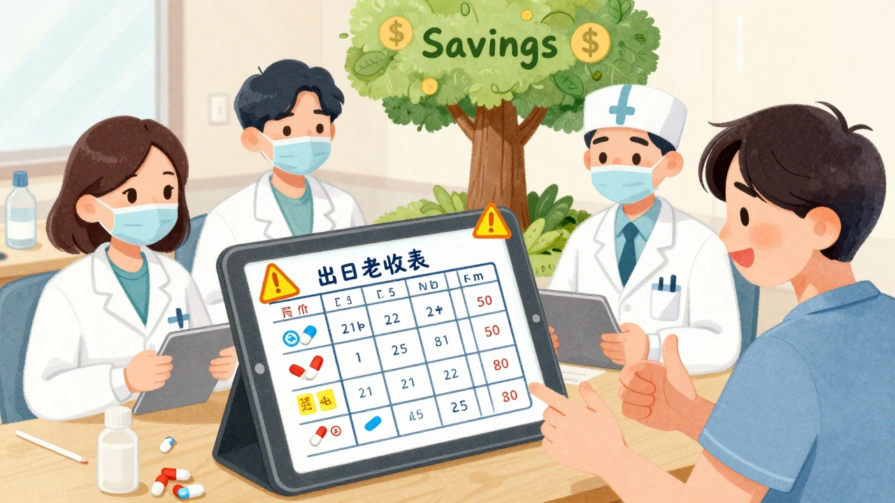 Healthcare team using color-coded spreadsheet to track medication expiration dates.