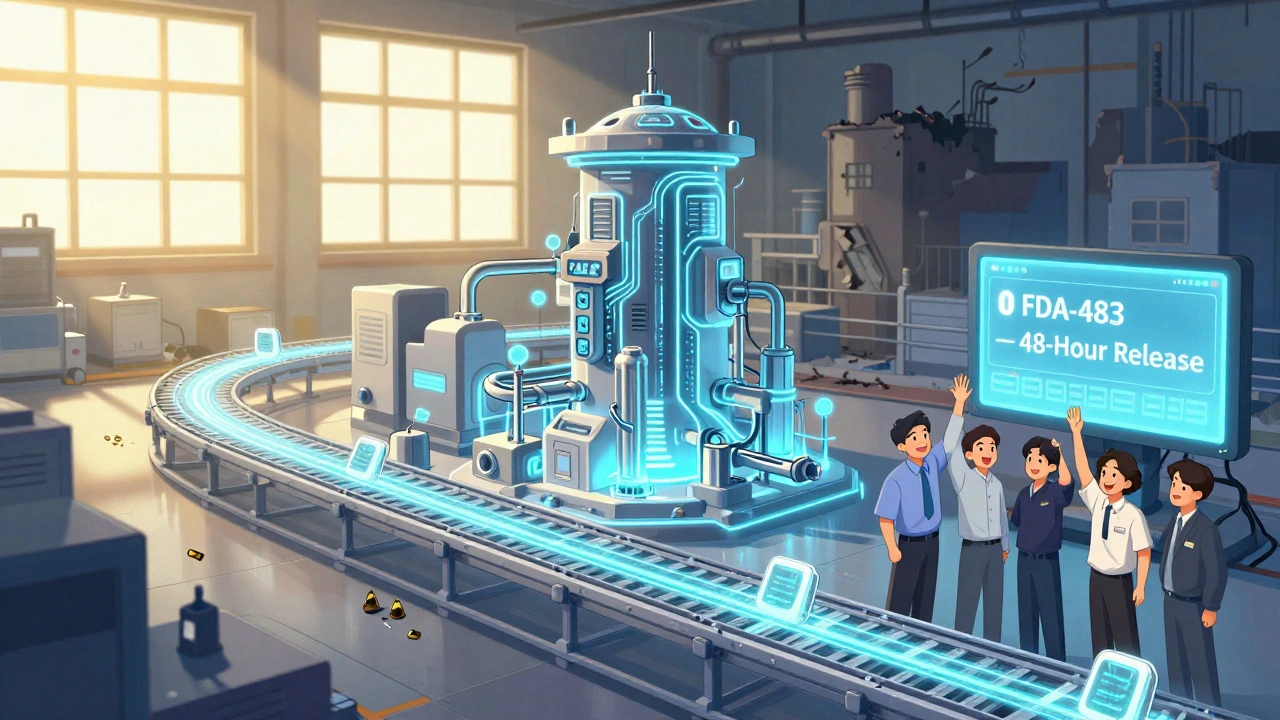 Modern pharmaceutical facility glows with efficiency as a team celebrates zero regulatory findings.