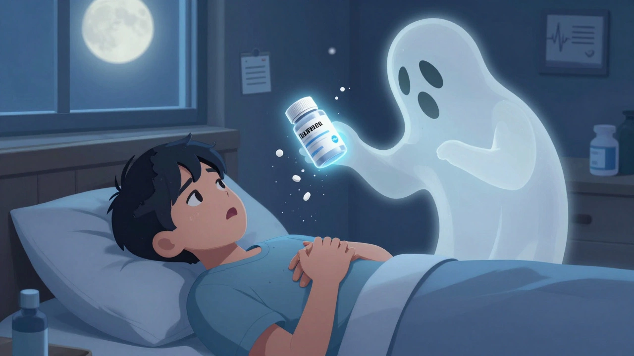 Patient at night, comforted by a glowing authorized generic pill replacing a crumbling branded one, symbolizing safety.
