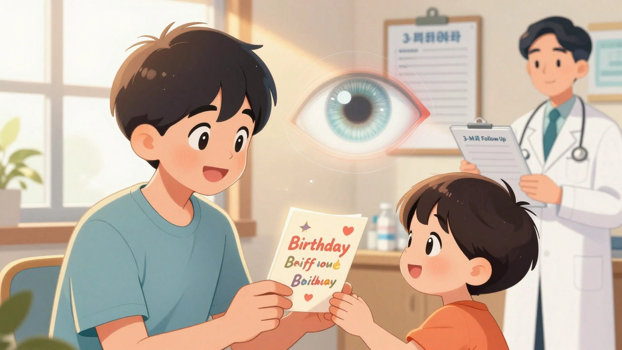 Patient reading a birthday card with a grandchild after cataract surgery, sunlight highlighting clear vision and warm emotions.