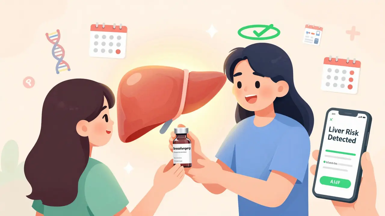 Patient receiving new antifungal drug with glowing healthy liver and genetic testing icons nearby.