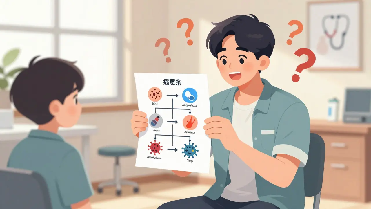 Patient reviewing a decision tree chart to distinguish drug allergies from side effects