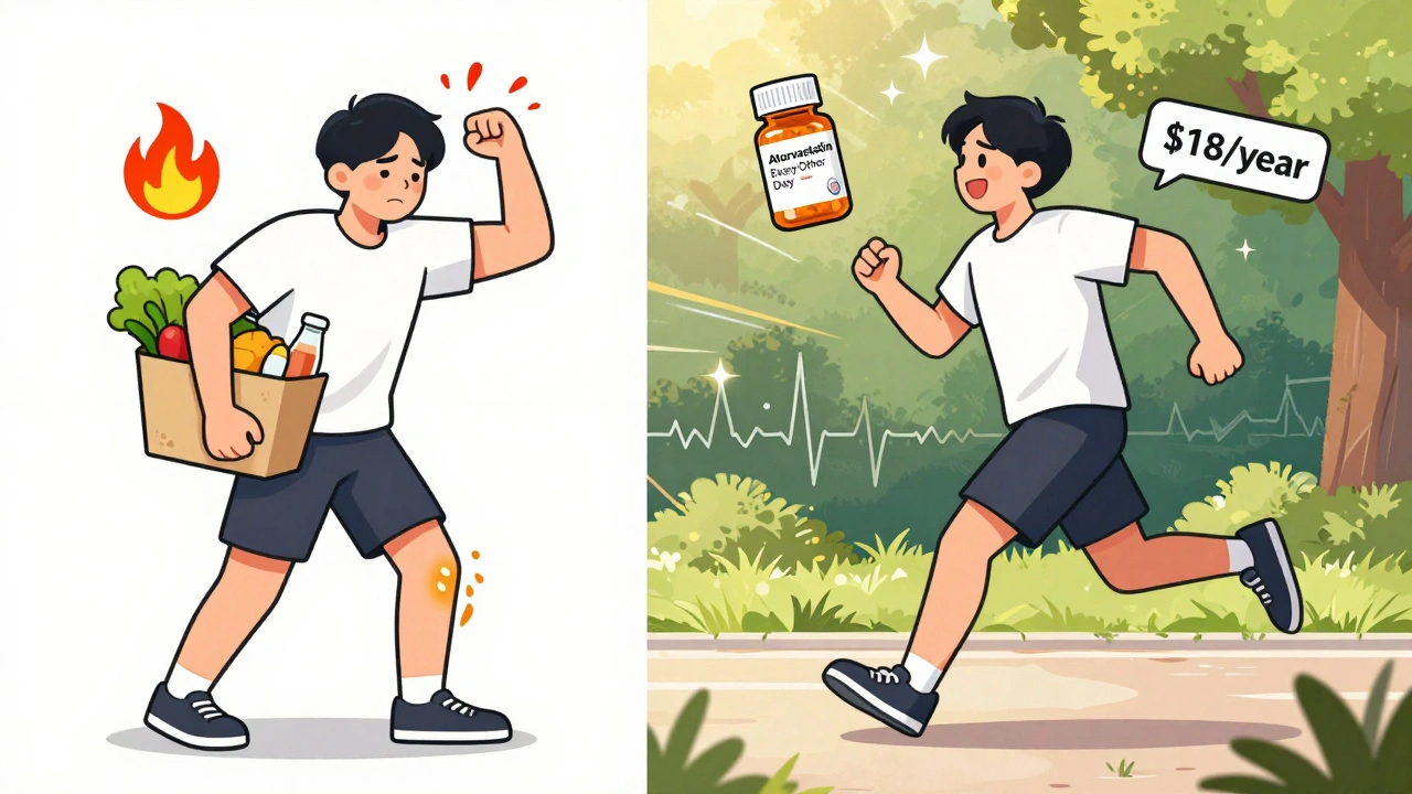 Person transitioning from muscle pain to active jogging, holding a low-cost every-other-day statin bottle.