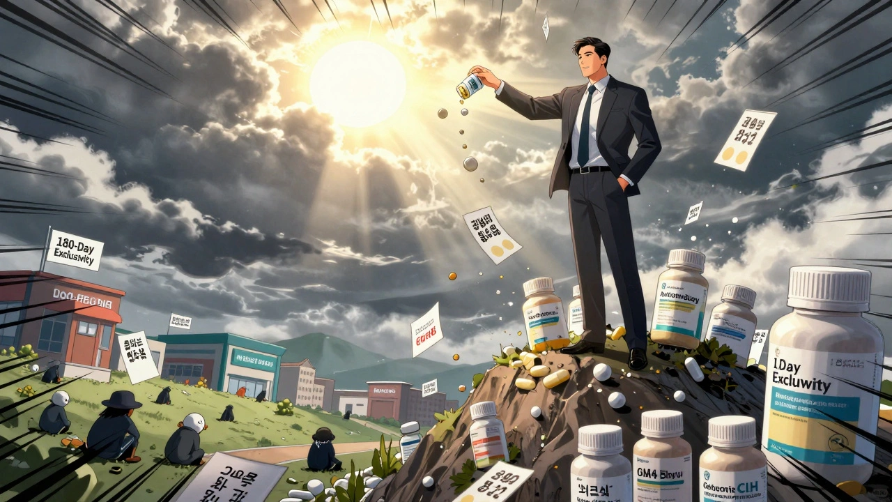 Pharmaceutical executive dropping an authorized generic label onto smaller generic companies below.