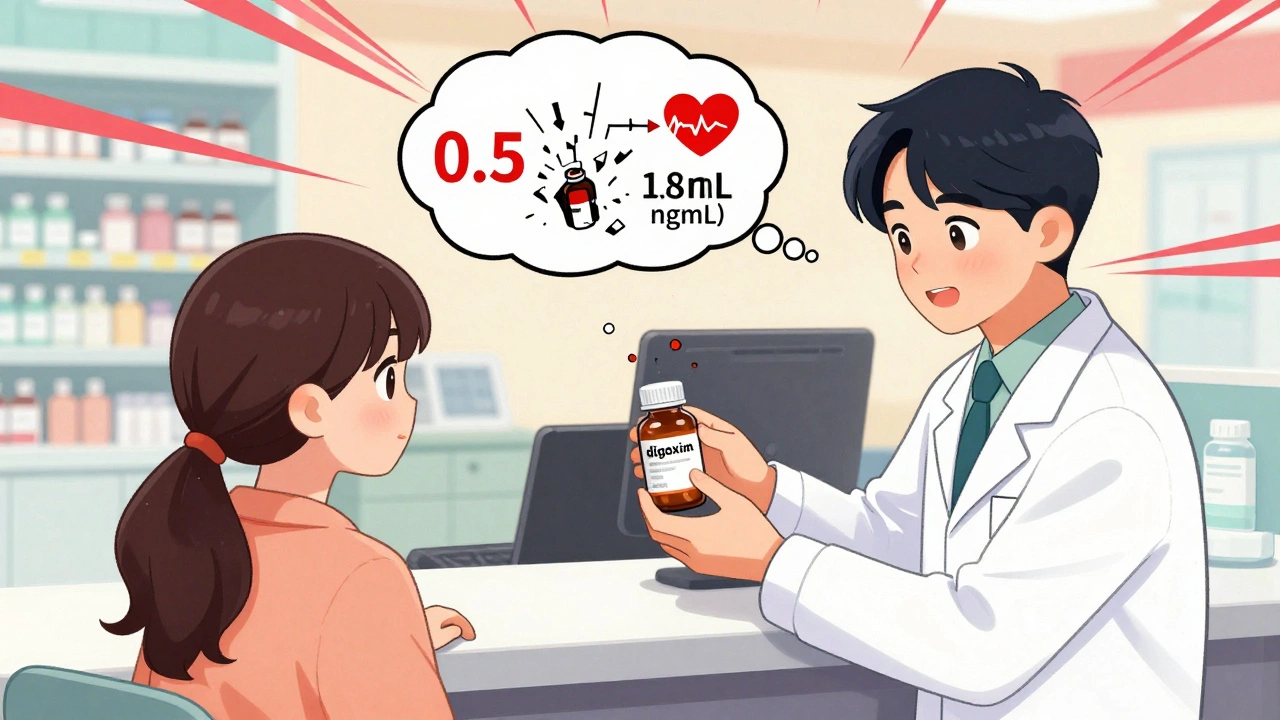 Pharmacist handing new digoxin bottle to patient, thought bubble shows old pill breaking and blood levels rising.