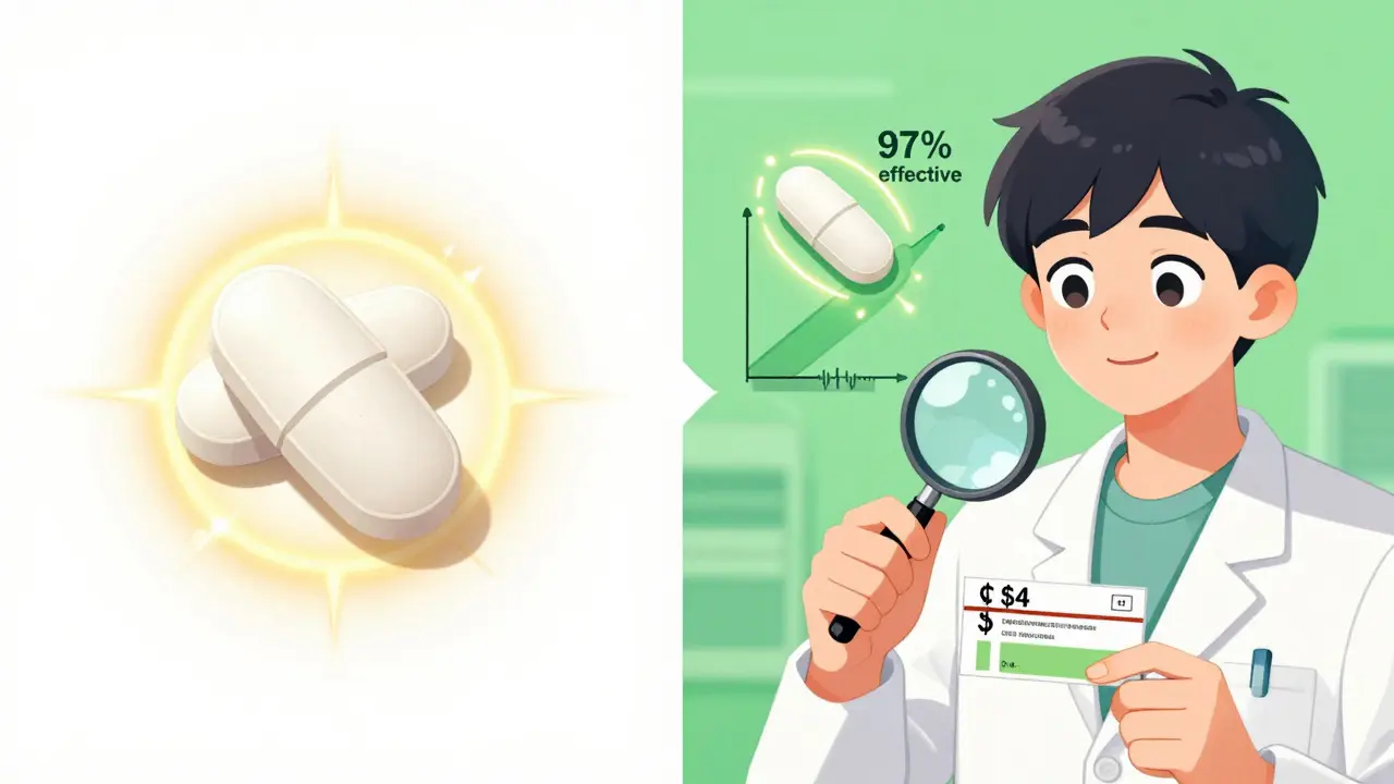 Side-by-side brand and generic pills with identical absorption trails, patient smiling with low-cost prescription.