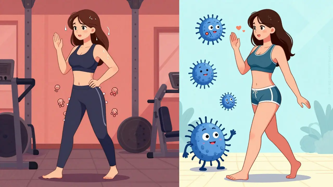 Split illustration: yeast overgrowth in tight clothes vs. healthy balance in cotton underwear.