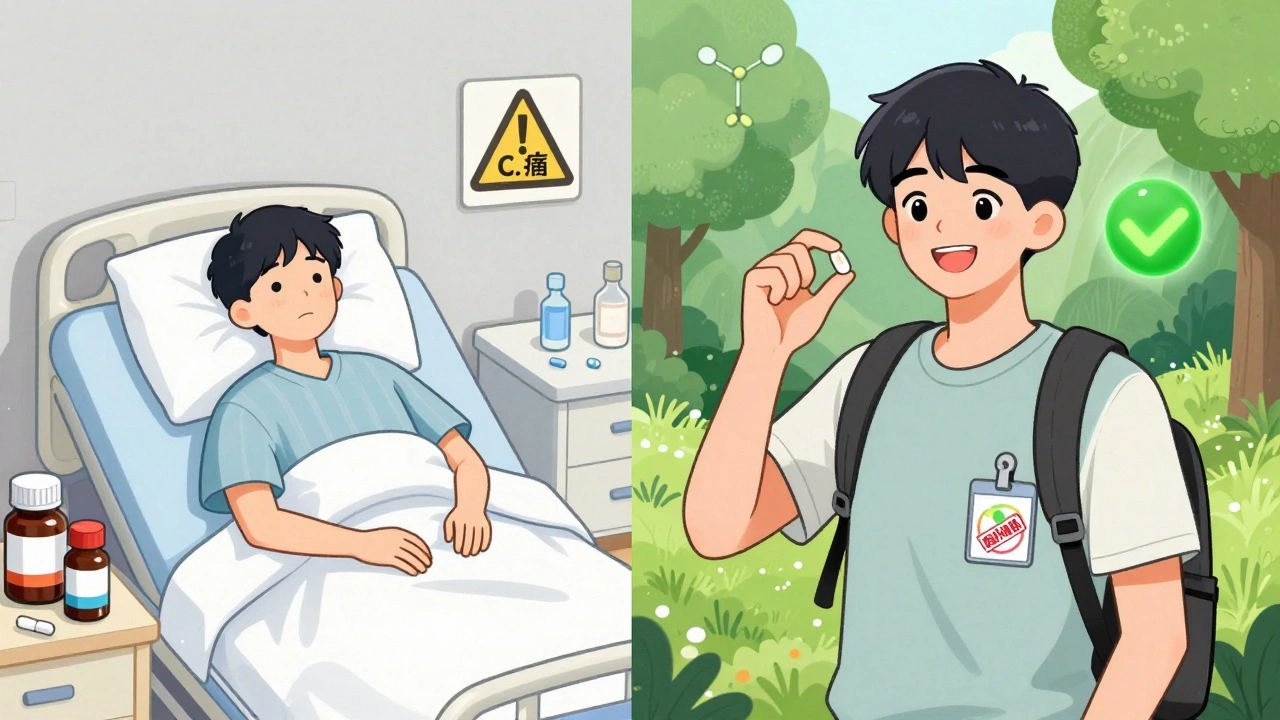 Split panel: left shows sick patient with expensive antibiotics, right shows healthy person hiking with a simple pill and green checkmark.