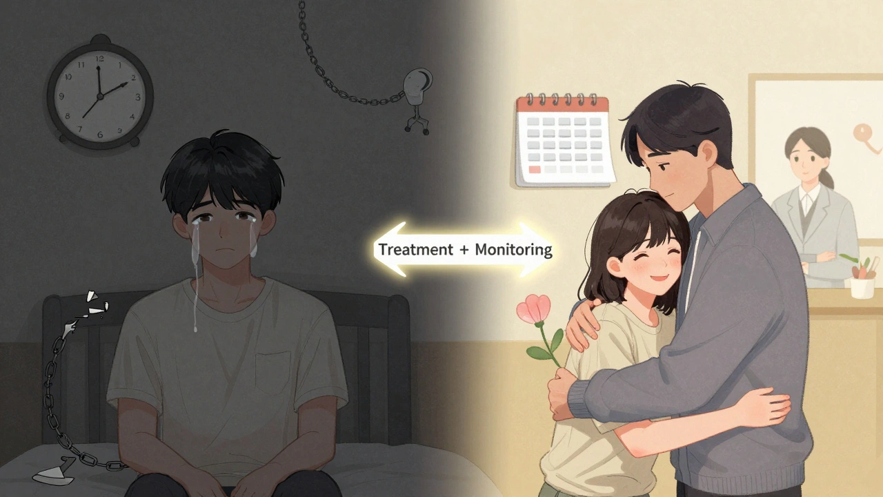 Split scene: depressed teen alone vs. same teen supported by family and therapist, transitioning from dark to light.