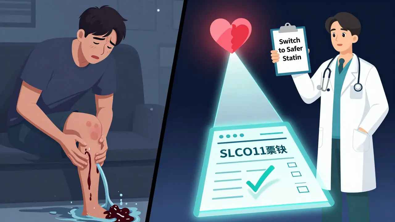 Split scene of muscle pain and genetic mutation on one side, doctor offering safer statin option on the other.