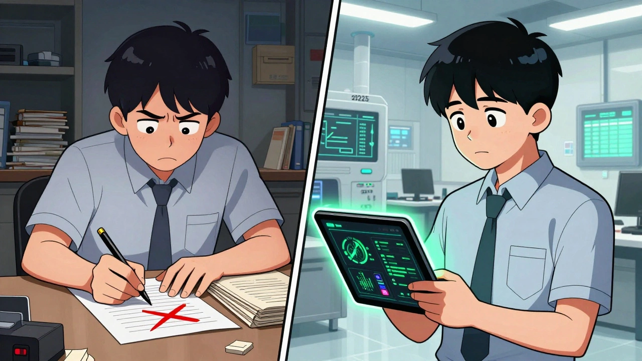 Split scene: outdated paper logs on left, modern digital quality systems on right, showing GMP evolution.