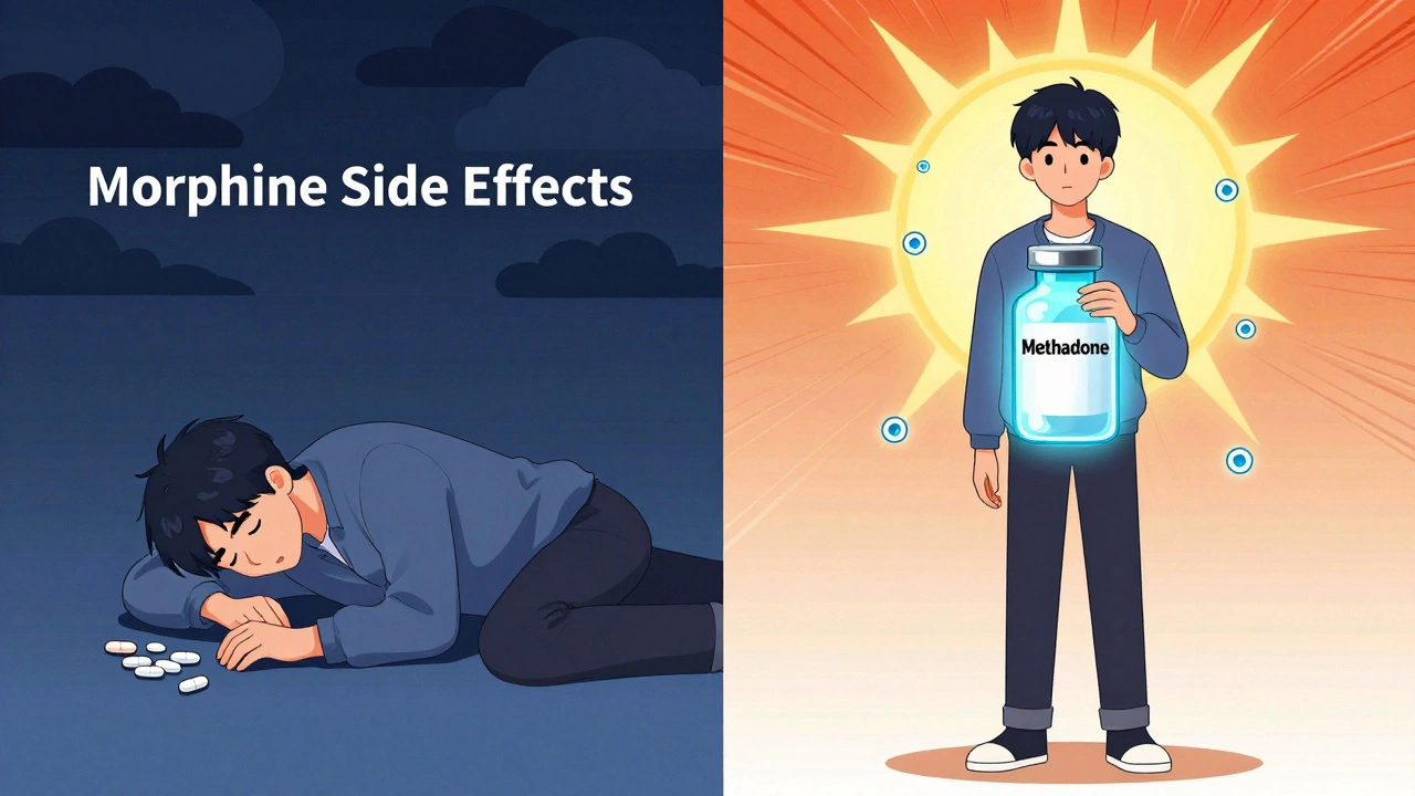 Split scene showing transformation from suffering with morphine to relief with methadone.