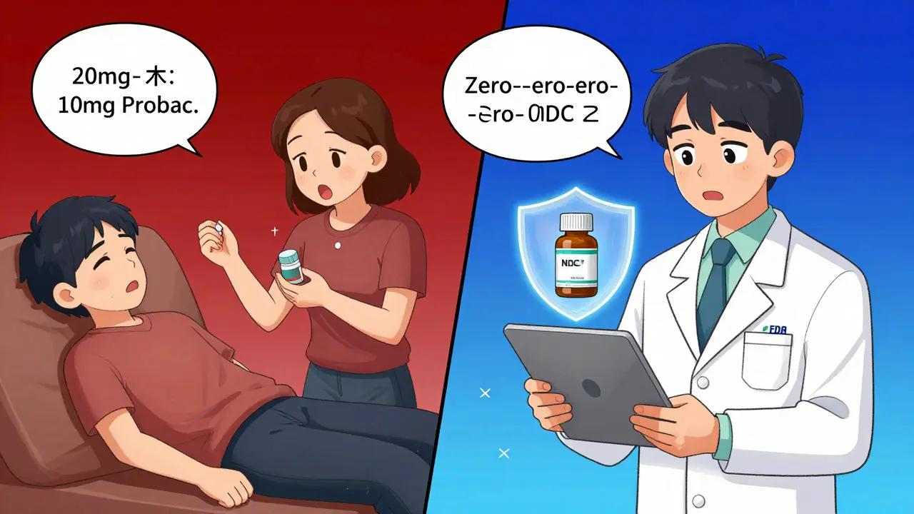 Split scene: wrong medication nearly causing harm vs. pharmacist verifying NDC aloud with FDA app confirmation.