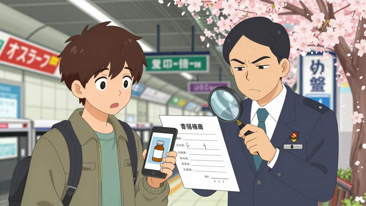 Traveler showing doctor’s letter and phone photo of prescription to customs officer in Tokyo