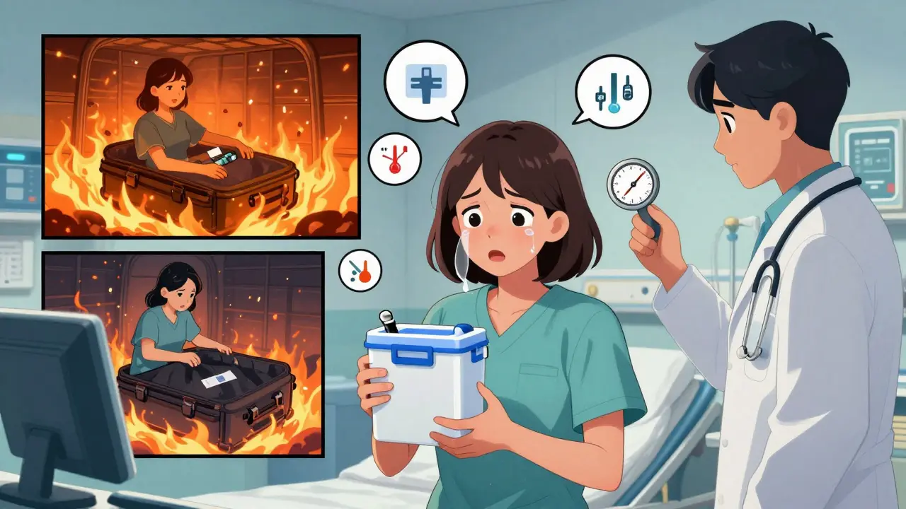 Woman in ER holding empty insulin cooler, flashback of bag in hot cargo hold