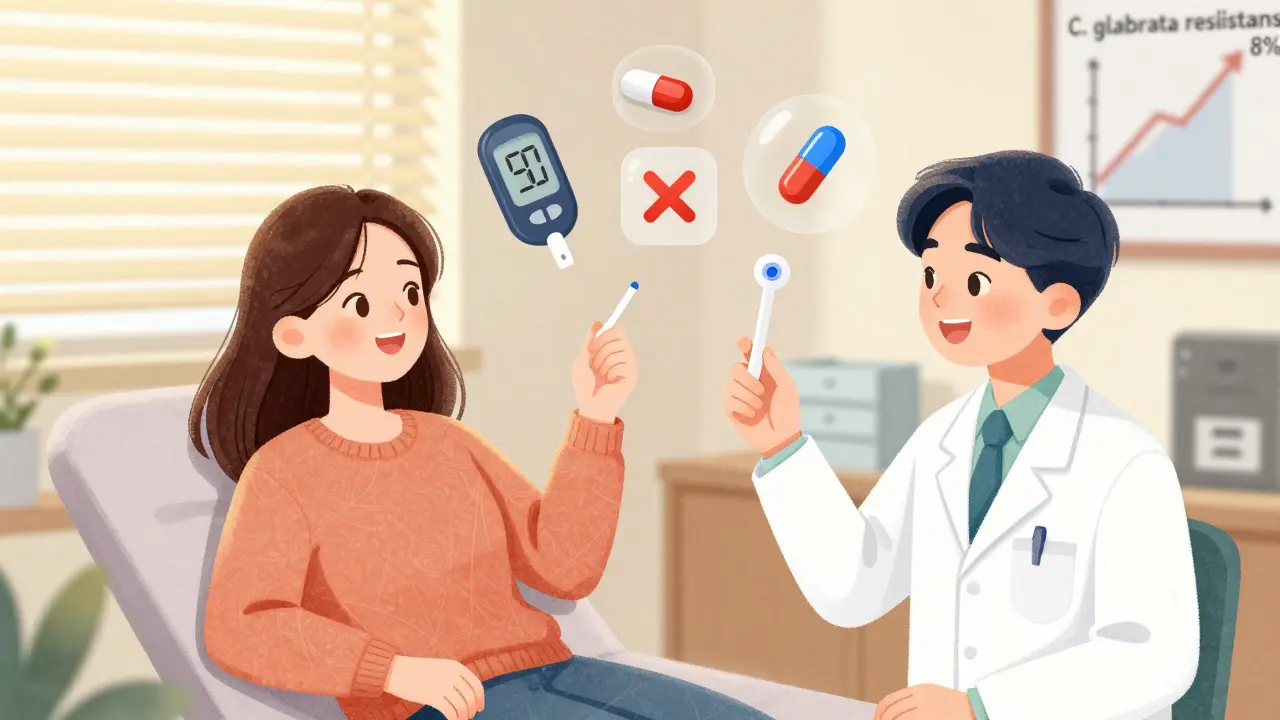 Woman with doctor, floating icons showing causes of recurrent yeast infections and resistance.