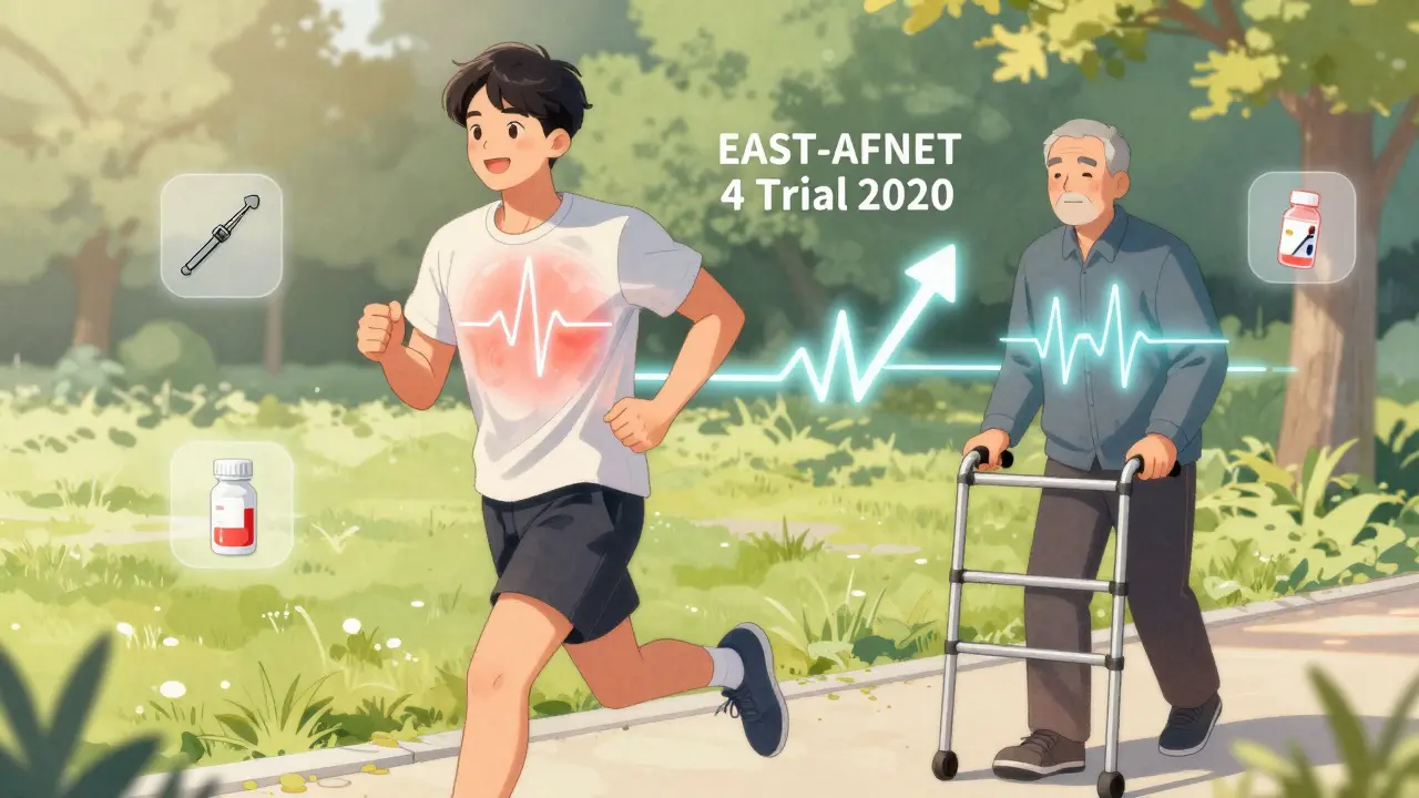Young man jogging with healthy heartbeat, older man with irregular pulse, connected by a timeline showing improved outcomes.