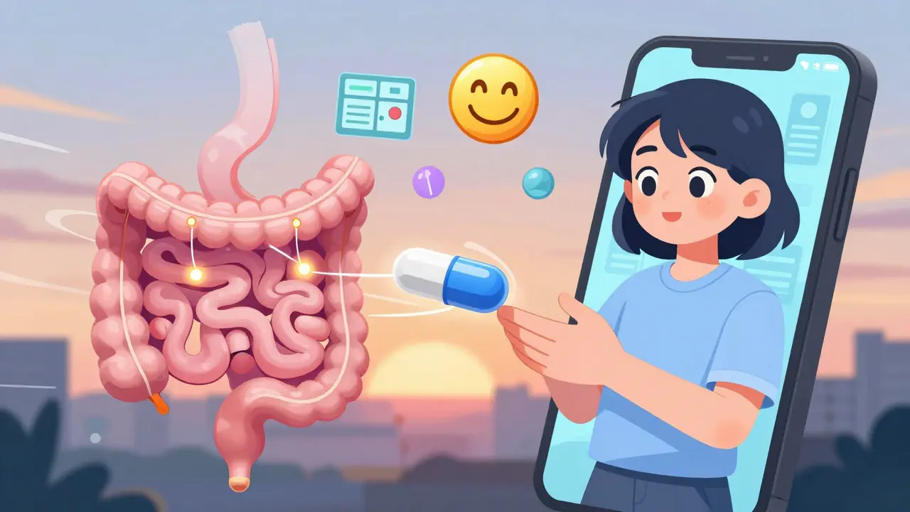 A digital pill releases insulin after eating, with an AI reminder on a phone and floating health data around the user.