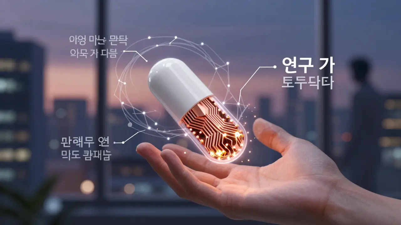 A digital pill with internal circuitry glowing as AI patterns predict behavior, set against a cityscape representing privacy concerns.