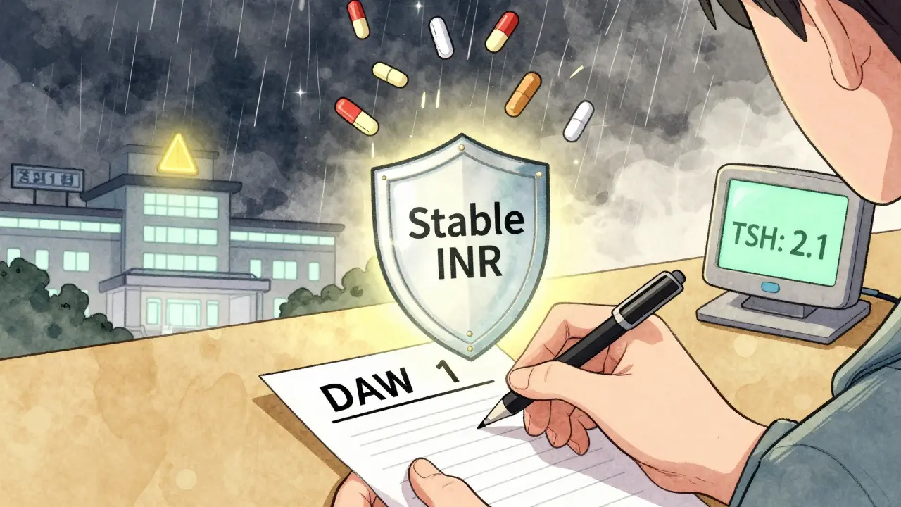 A hand writes 'DAW 1' on a prescription, protected by a shield from chaotic generic pills.