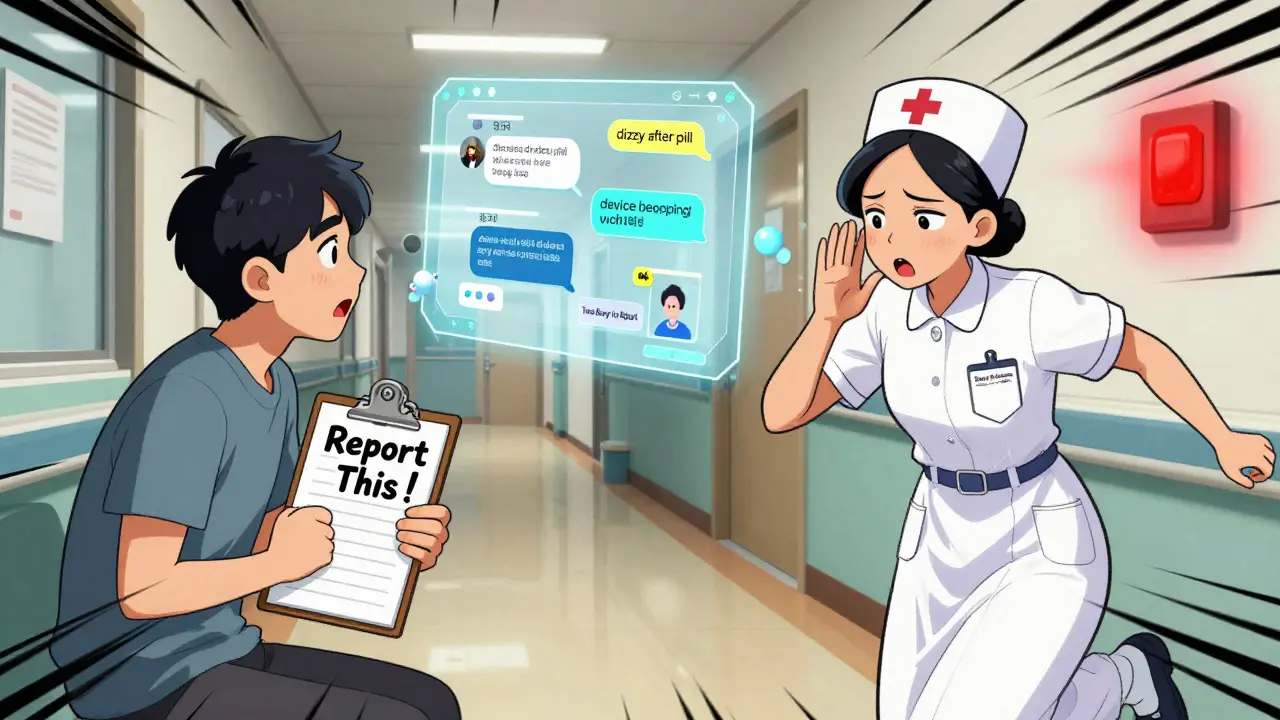 A nurse hurrying past a patient reporting symptoms to an AI bubble scanning social media for adverse drug mentions.