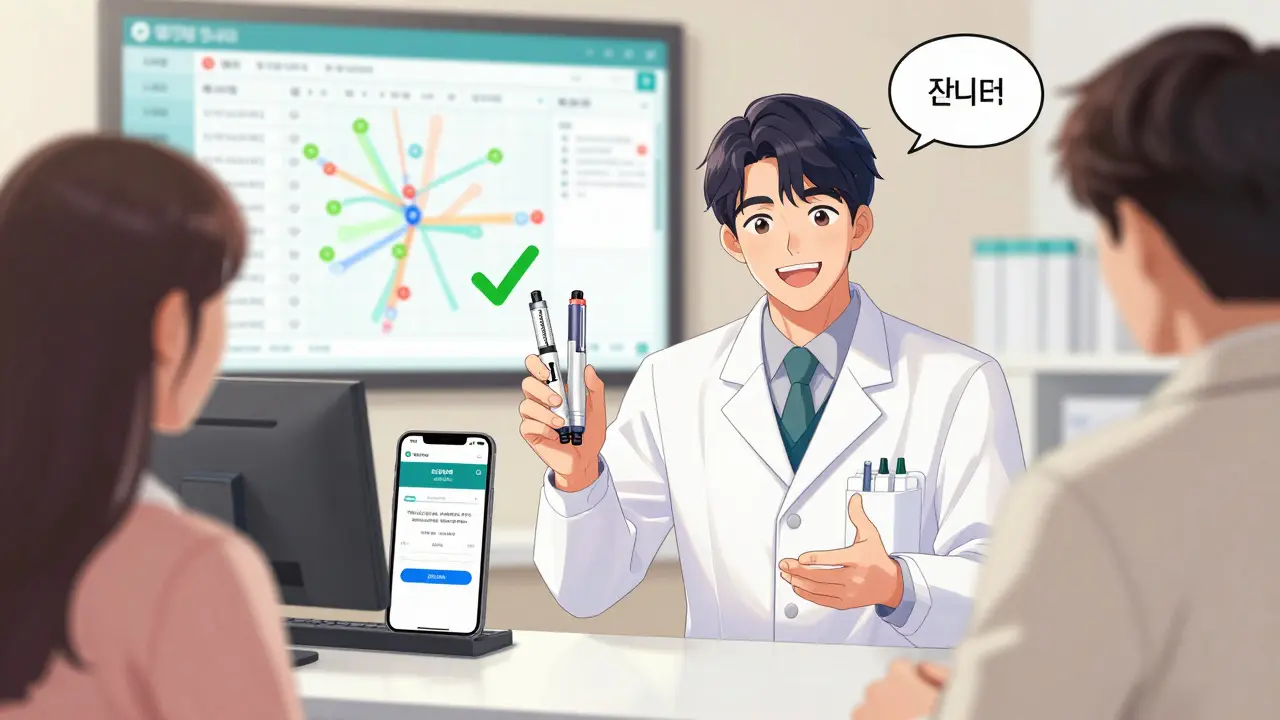 A pharmacist shows interchangeable insulin pens to a patient, with a digital map displaying pharmacy stock availability.
