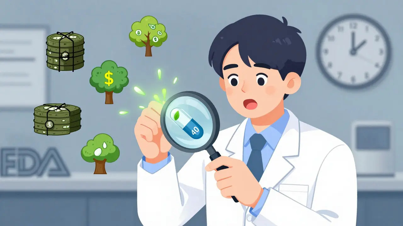 A scientist examining a 40-year-old pill that radiates potency, surrounded by savings icons and frozen expiration clocks.