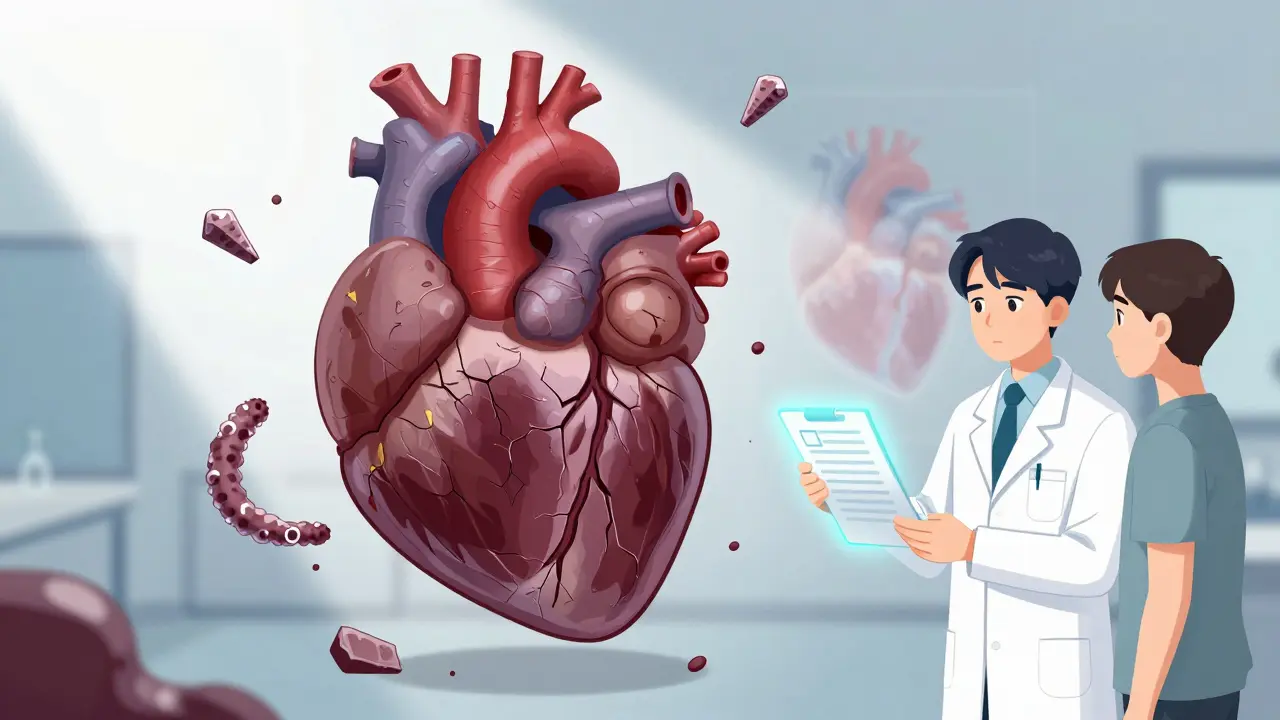 A stiff, cracked heart surrounded by amyloid shards and iron crystals, with a doctor holding a biopsy report.
