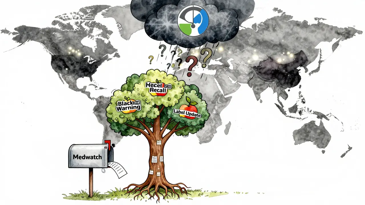 A symbolic tree of patient safety with fruit from reported side effects, one hand dropping a report into a MedWatch mailbox.