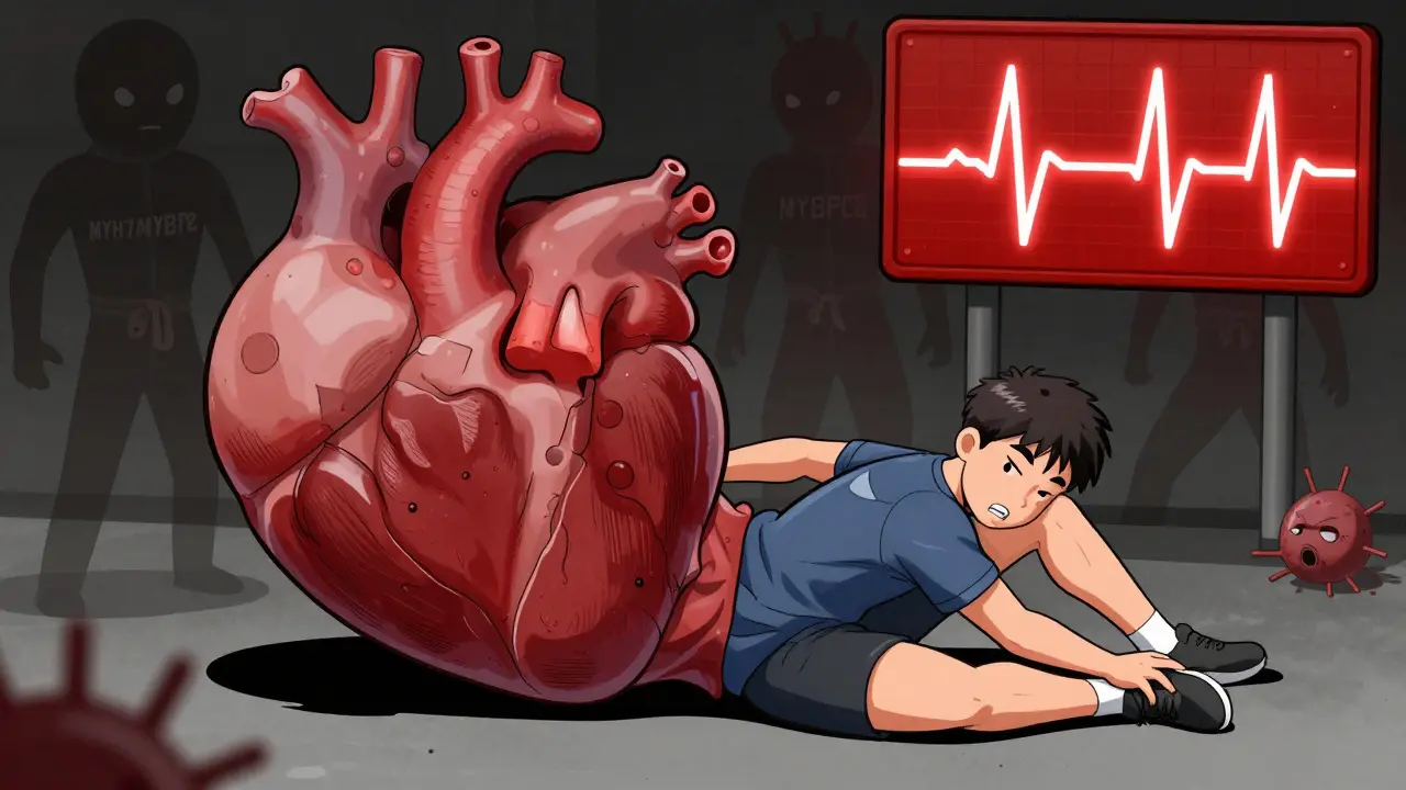 A thickened heart blocking blood flow, with an athlete collapsing as genetic mutations loom in the background.