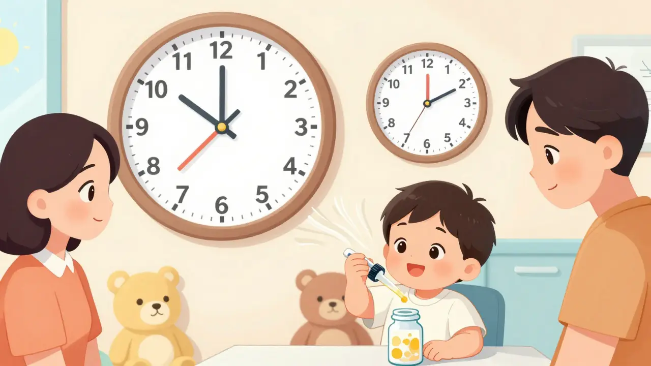 A toddler taking desloratadine from a dropper while parents smile, with a clock showing long-lasting effect.