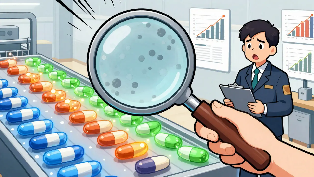 An assembly line of pills emitting different colored auras, with a magnifying glass revealing microscopic differences in their structure.