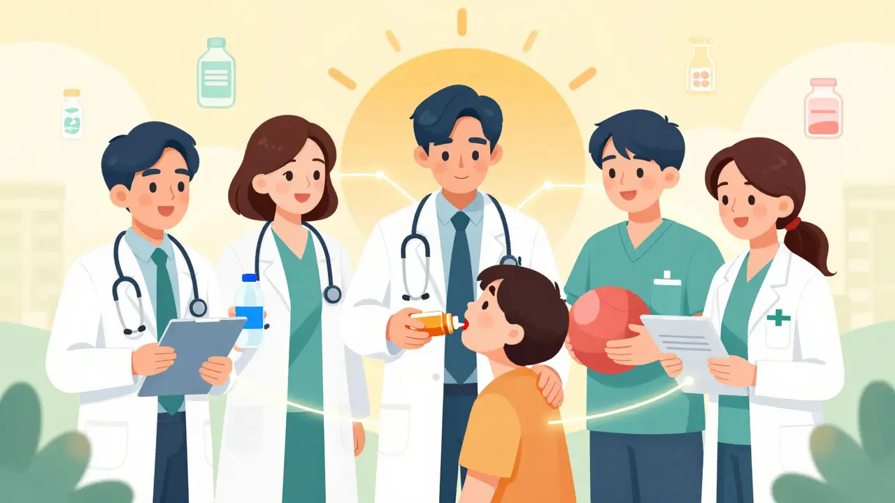 Care team supporting a person using the bottle technique to swallow medicine safely.