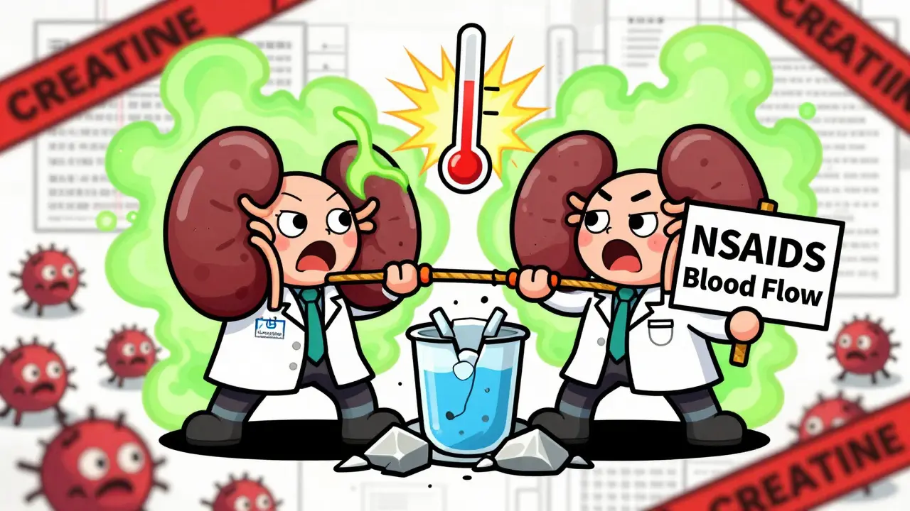 Cartoon kidneys in tug-of-war over filtration system, with rising creatinine and immune cell invaders.