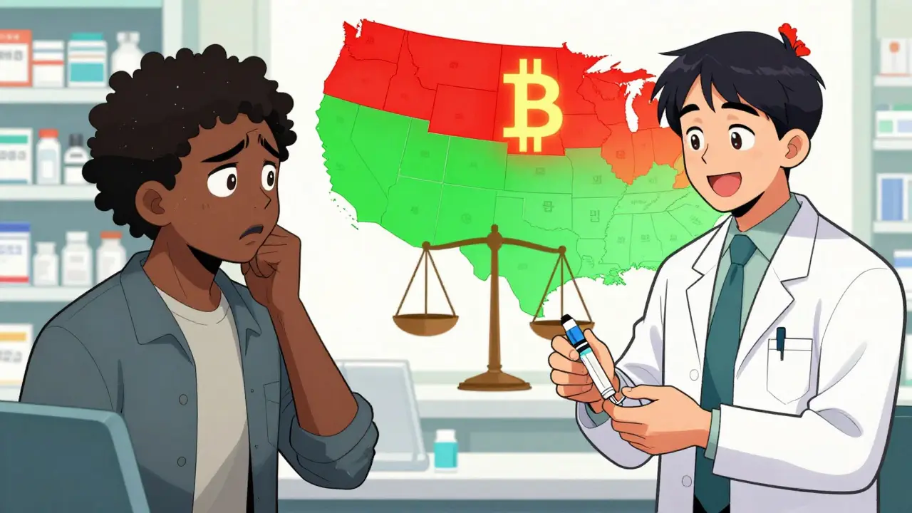 Contrasting scenes of fair and unfair treatment when buying BTC medications, with emotional expressions and state rules in background.