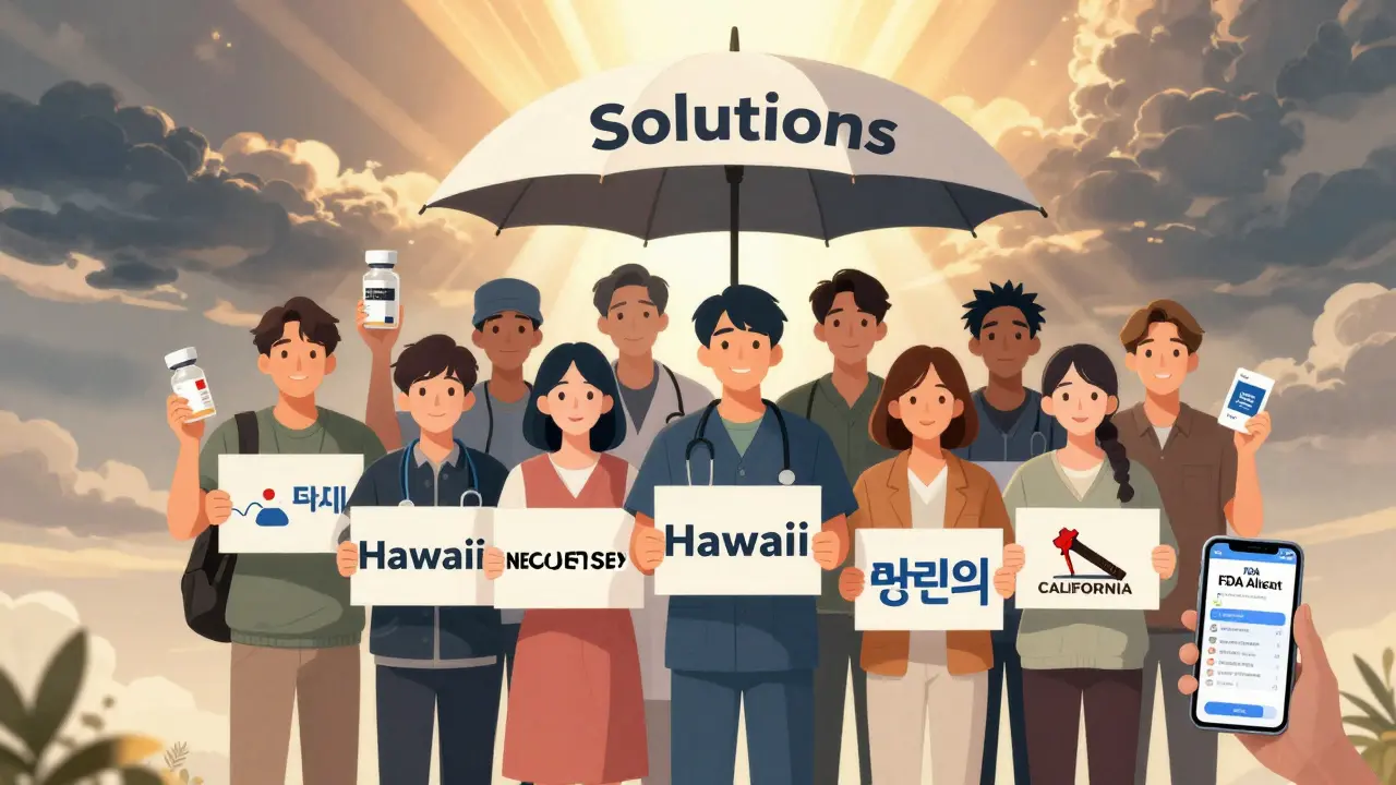 Diverse patients hold emergency medication signs under a 'Solutions' umbrella, symbolizing state-level responses to drug shortages.