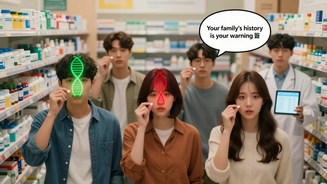 Diverse people in pharmacy with glowing DNA markers over their medications, indicating metabolic variations.