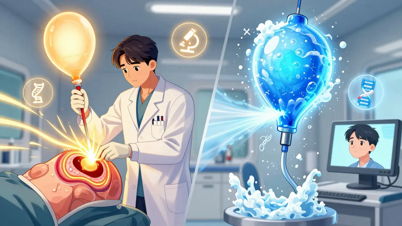 Doctor performing RFA and cryoablation on esophagus with glowing tools in a medical setting.