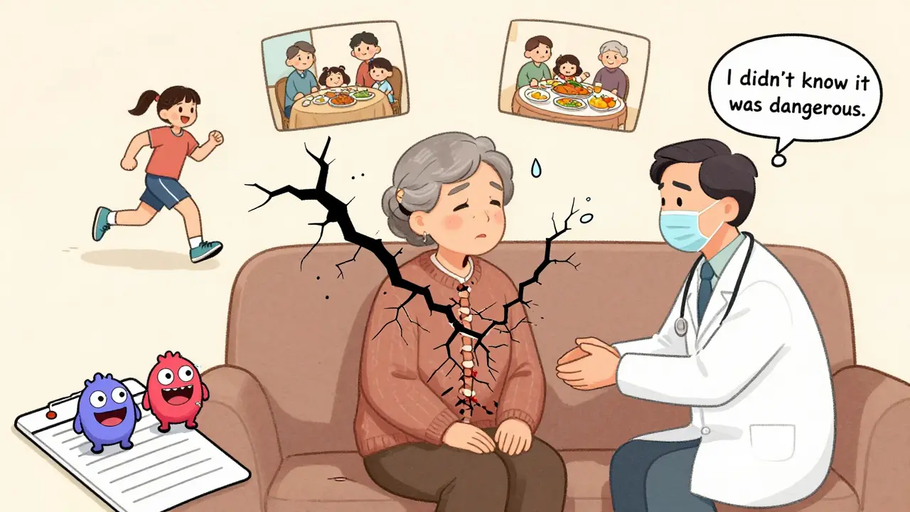 Elderly person surrounded by fading memories as black cracks spread from spine to brain due to medication damage.