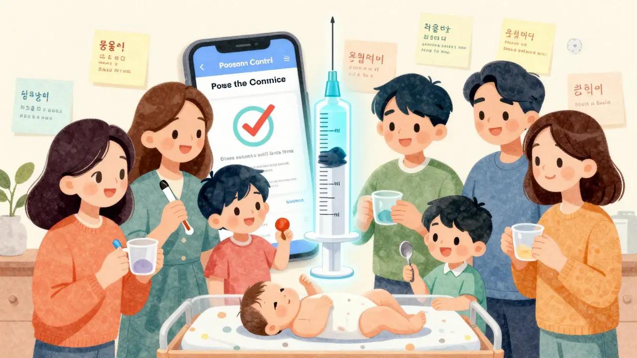 Family comparing measuring tools as a glowing oral syringe stands out as the safe choice.