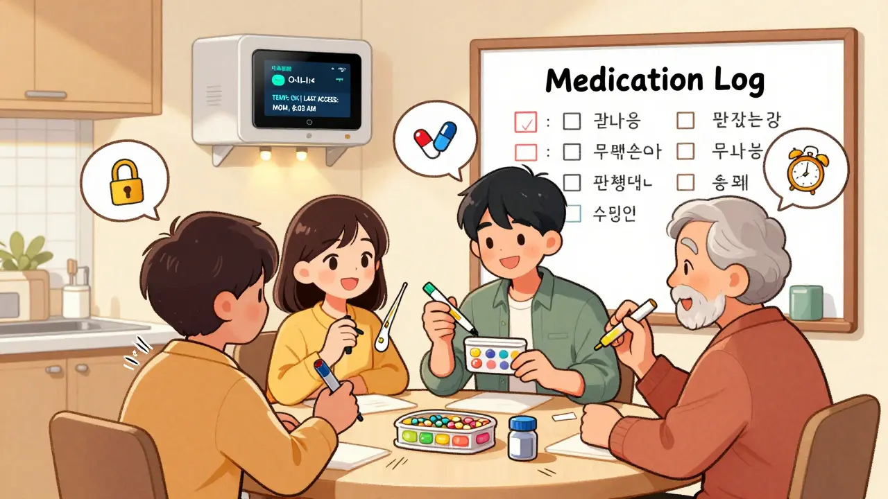 Family using a whiteboard log to organize meds, with a smart cabinet in the background.