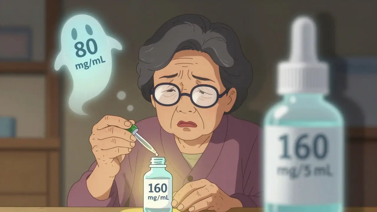 Grandmother confused between old and new medicine bottles, with floating concentration labels.