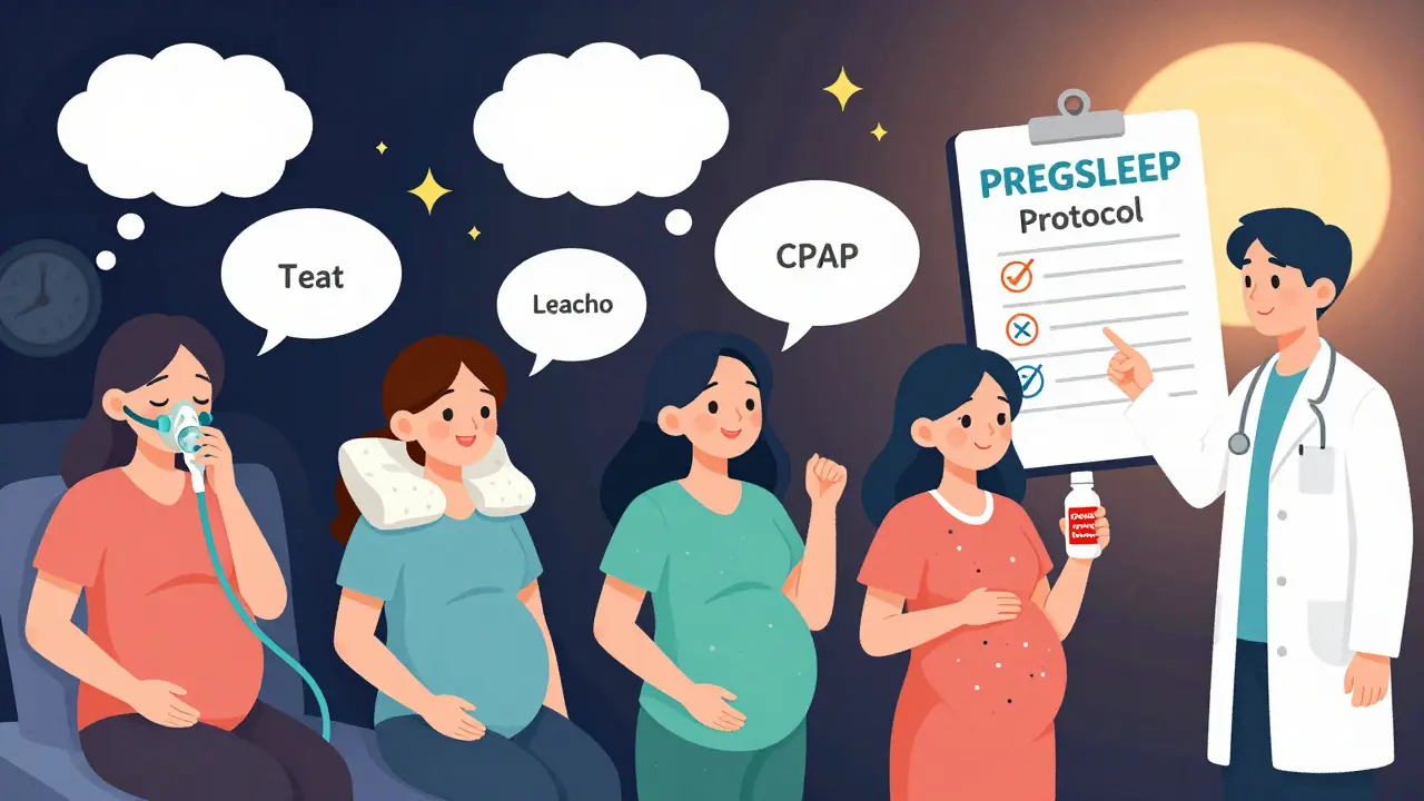 Group of pregnant women practicing healthy sleep habits, with icons showing improved energy and reduced apnea.