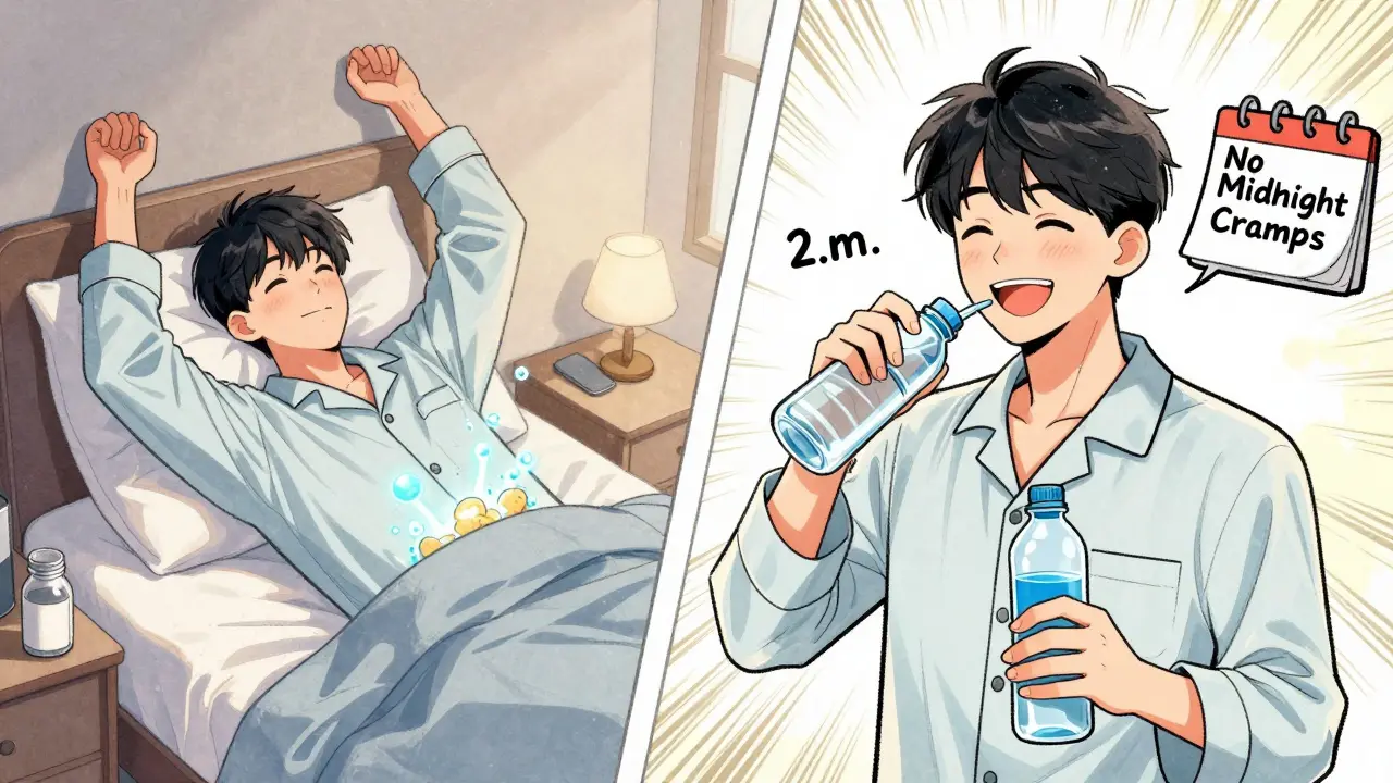 Man sleeping poorly at night due to fiber-induced gas, then feeling better taking fiber in afternoon.