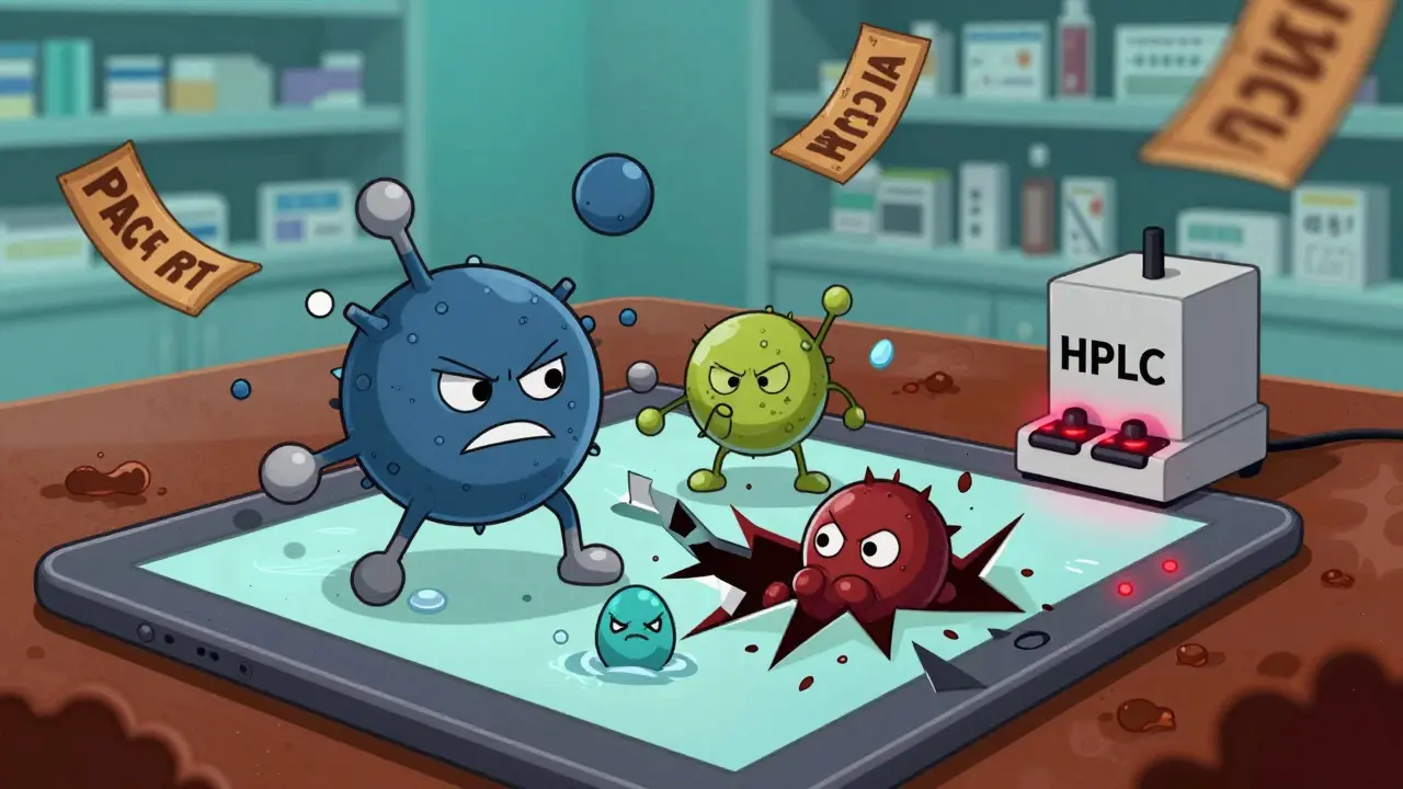 Microscopic view of chemical molecules breaking into toxic shapes inside a pill, with moisture monsters.