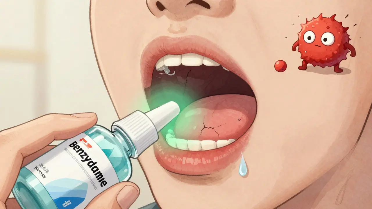 Mouthwash soothing inflamed oral tissue with glowing anti-inflammatory light