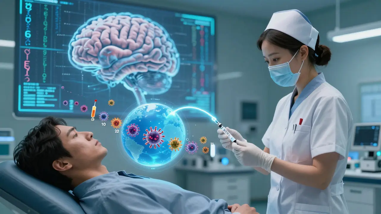 Patient receiving HIV injection with resistant viruses forming nearby