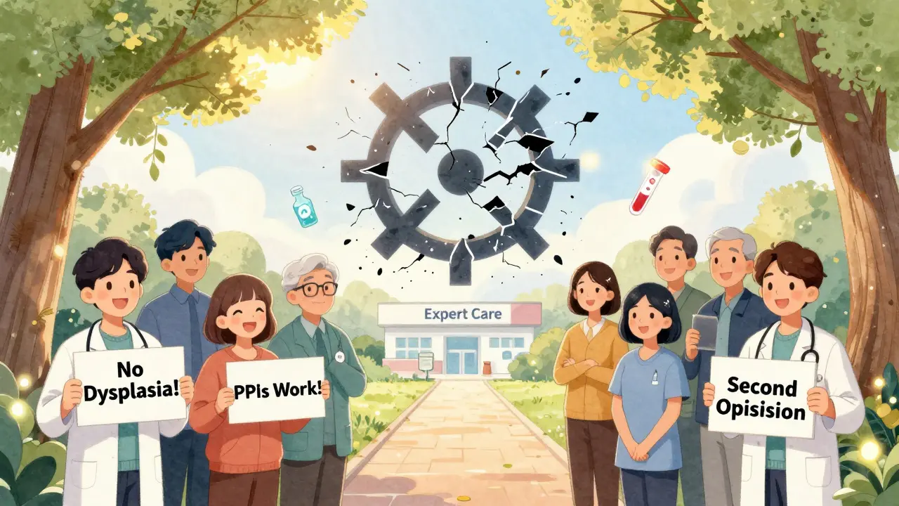 Patients smiling under a tree as cancer symbol breaks apart, symbolizing hope and prevention.